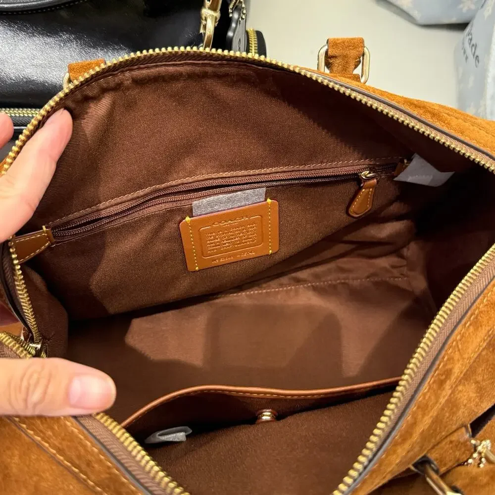 NEW‼️Coach Rowan Large Satchel Bag CET42 suede/Gold/Warm Brown